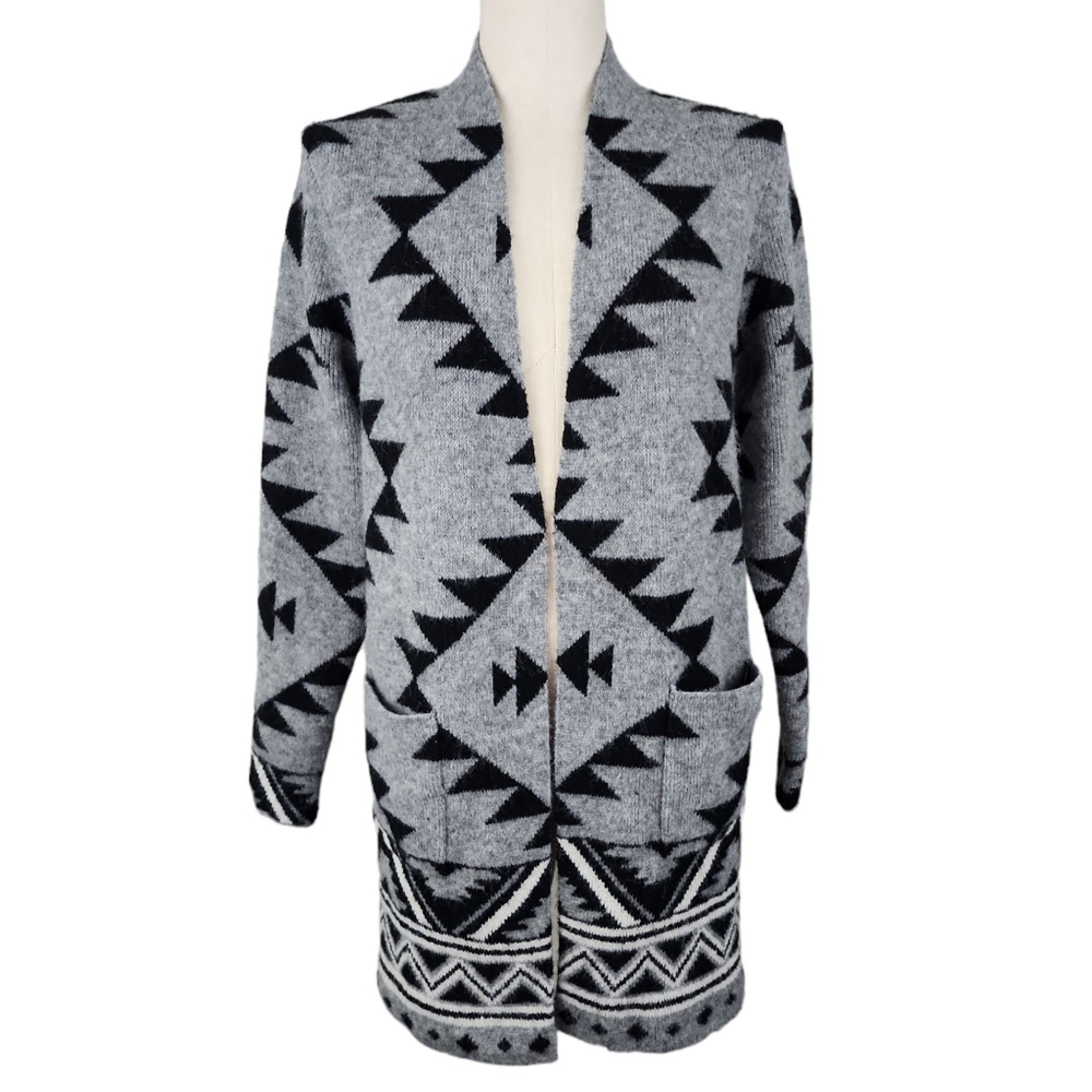 NWT Frye Ladies Patterned Jacquard Open Front Cardigan Patch Pocket Gray…